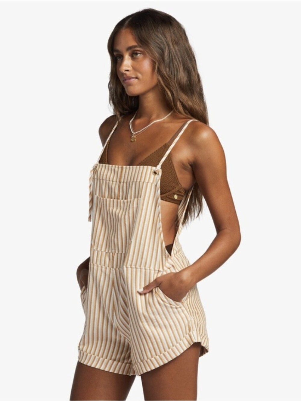 Billabong Wild Pursuit Yellow Striped Shortalls Overall Shorts Size XS Festival